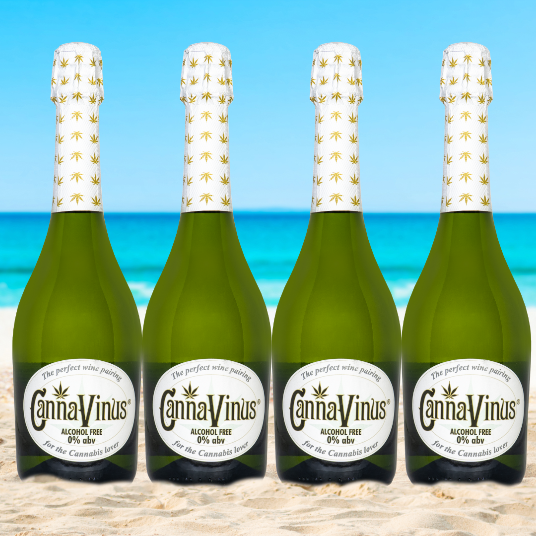 4 750ml bottles of CannaVinus on a beach with water in the background