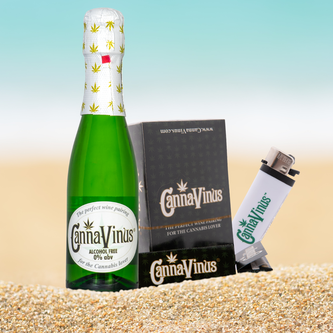 200ml bottle bundle of CannaVinus on the beach with water in the background